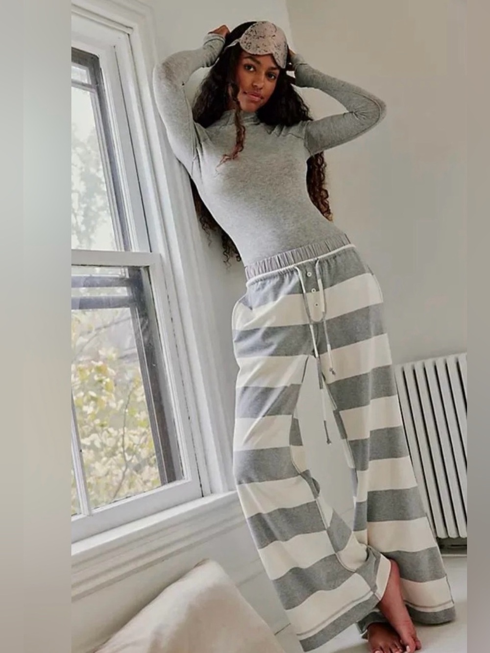 Free People Intimately You Wish Flare Pants Gray Ivory Stripe Lounge Pajama Pant